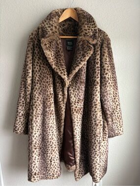Dennis Basso Leopard Print Faux Fur Coat Women’s 1X Long Luxe Statement Coat